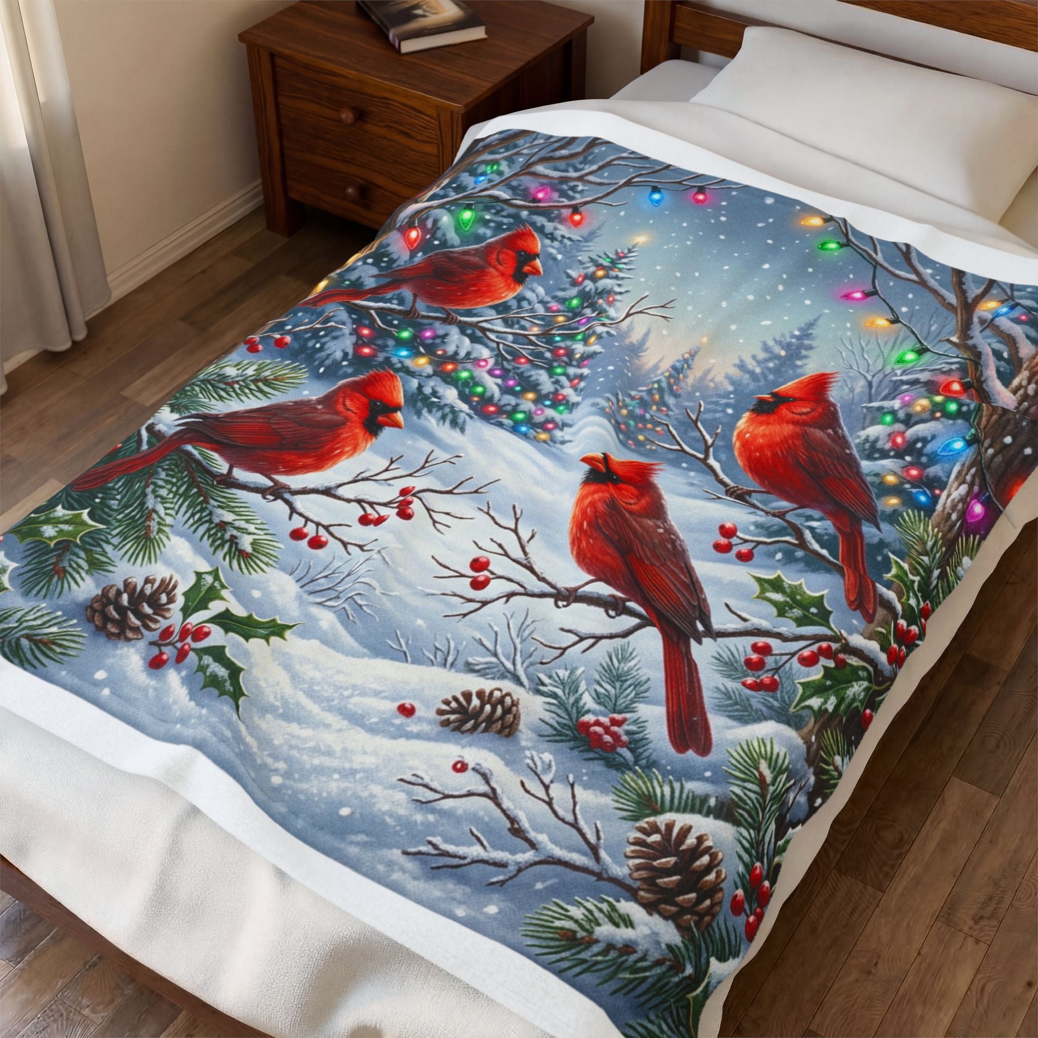 Christmas Cardinal Velveteen Plush Blanket — Festive Winter Birds Throw