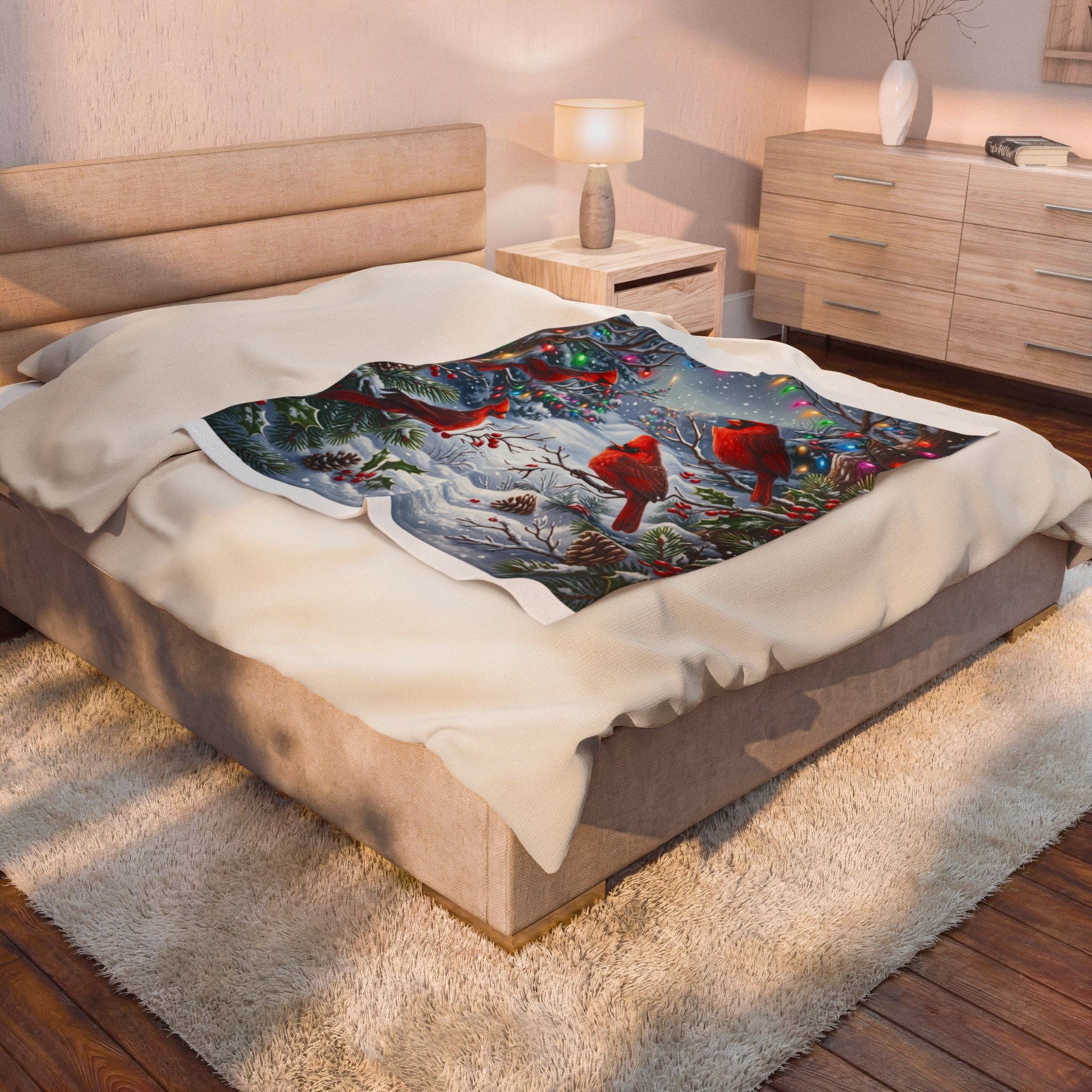 Christmas Cardinal Velveteen Plush Blanket — Festive Winter Birds Throw