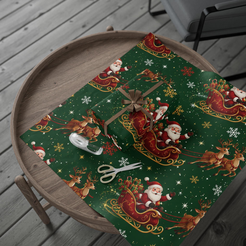 Christmas Santa Sleigh Wrapping Paper - Festive Green Holiday Gift Wrap