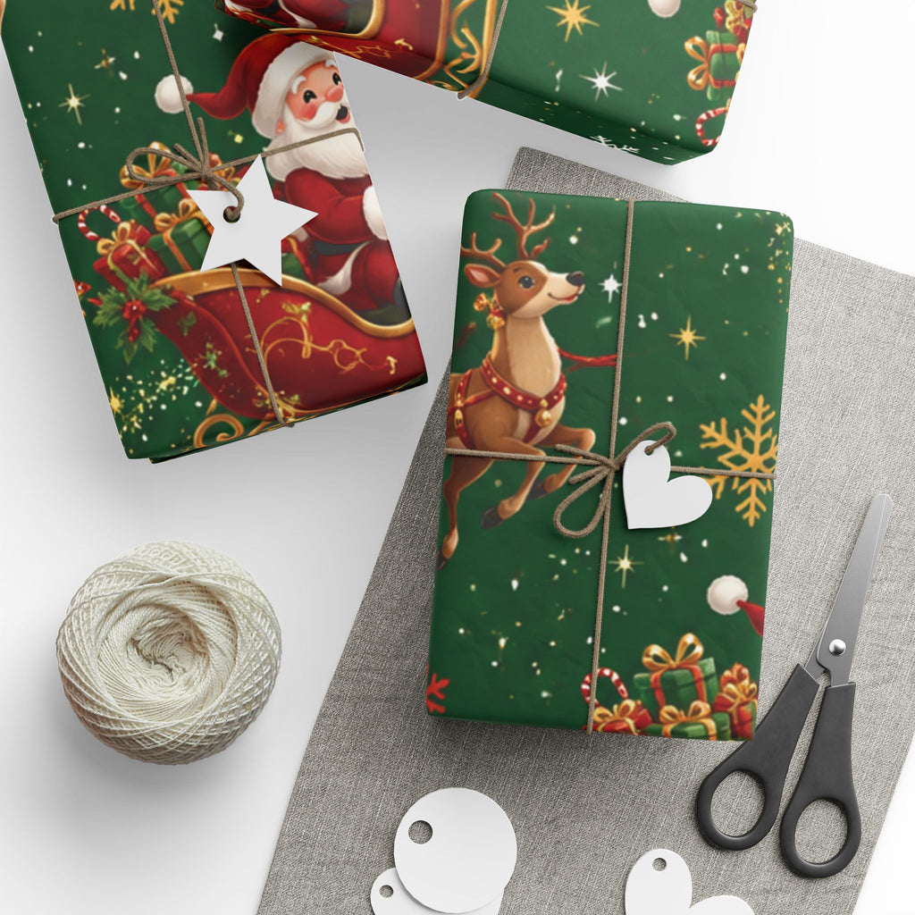 Christmas Santa Sleigh Wrapping Paper - Festive Green Holiday Gift Wrap