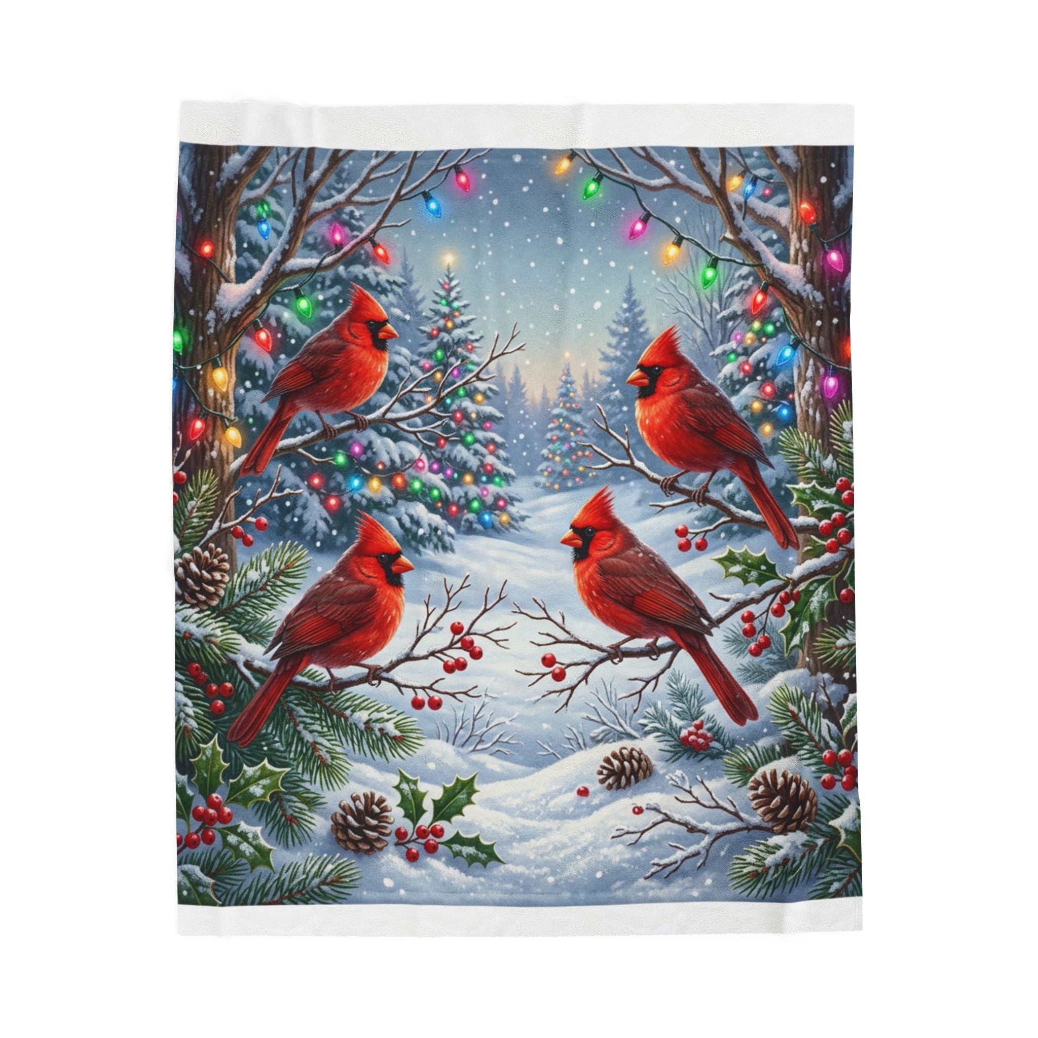 Christmas Cardinal Velveteen Plush Blanket — Festive Winter Birds Throw