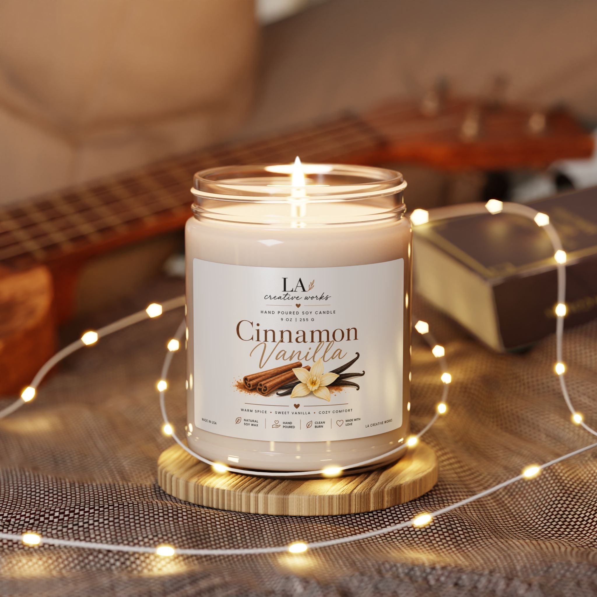 Cinnamon Vanilla Soy Candle — 9oz Scented Jar (Warm, Cozy Home Fragrance)
