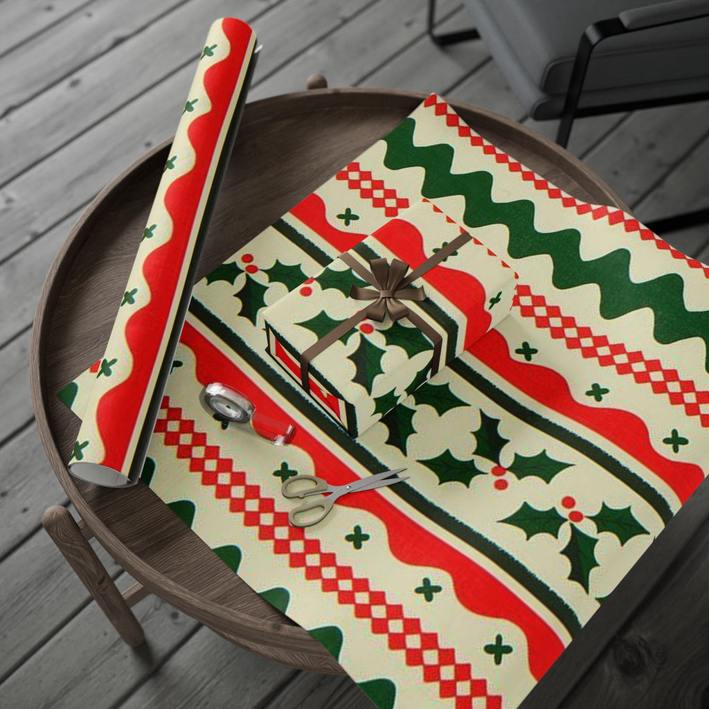 Christmas Pattern Wrapping Paper Roll – Red & Green Holiday Striped Gift Wrap