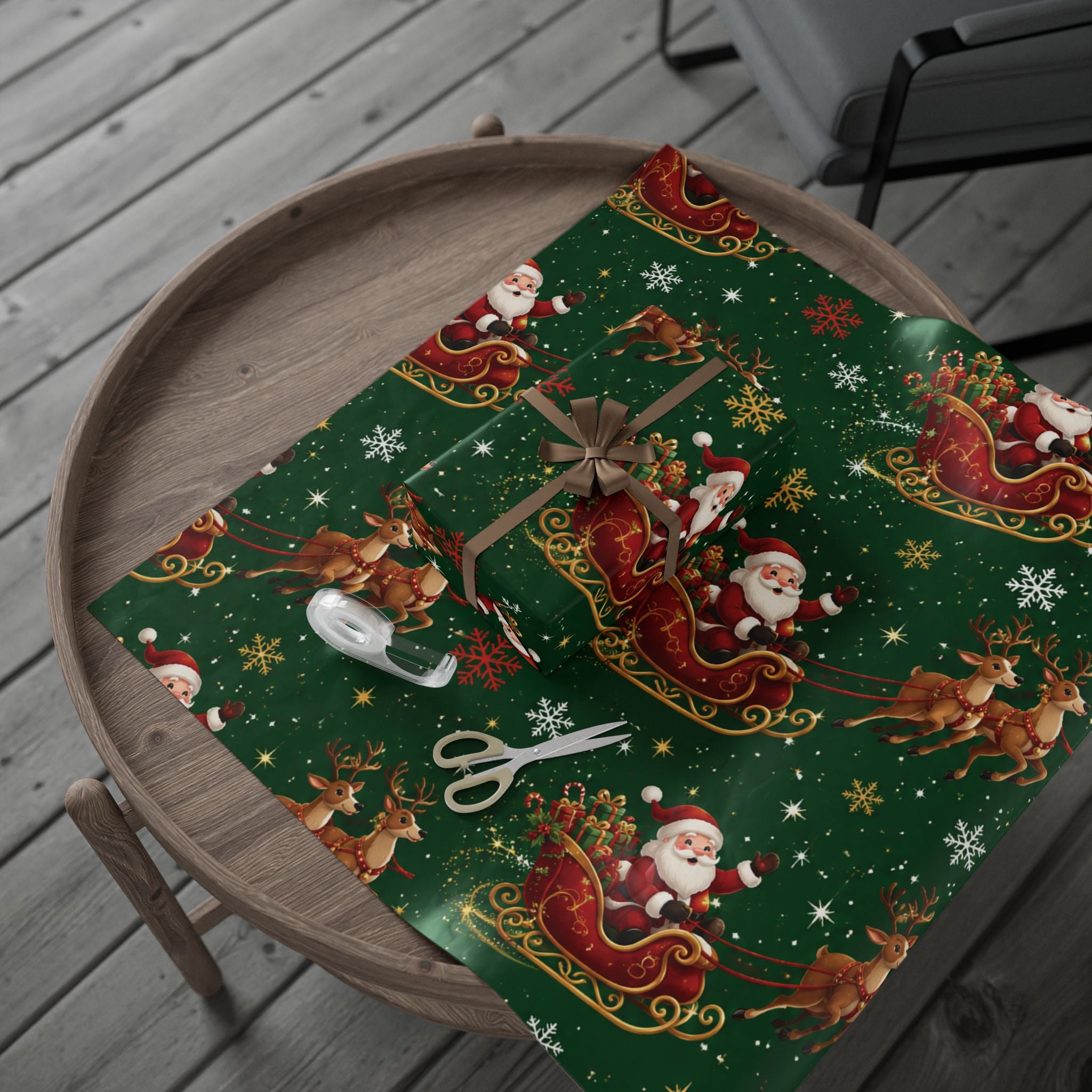 Christmas Santa Sleigh Wrapping Paper - Festive Green Holiday Gift Wrap
