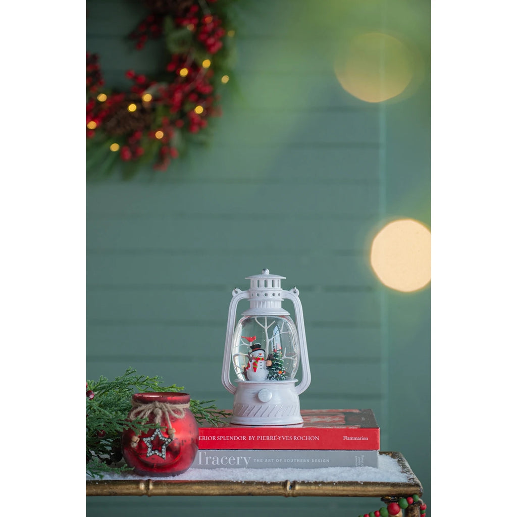 Christmas White Lantern With Snowman And Tree Led Light Water Spinning 6 Hour Timer 3 Aa Batteries