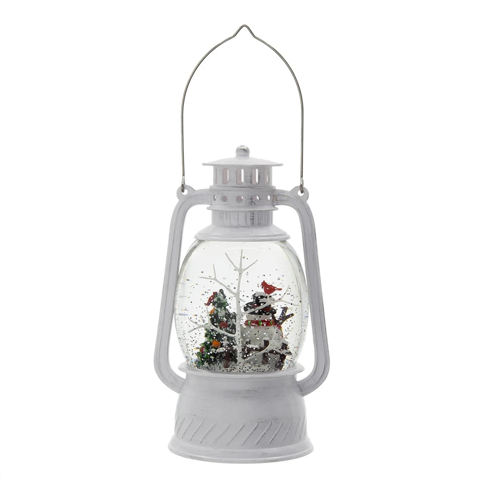 Christmas White Lantern With Snowman And Tree Led Light Water Spinning 6 Hour Timer 3 Aa Batteries