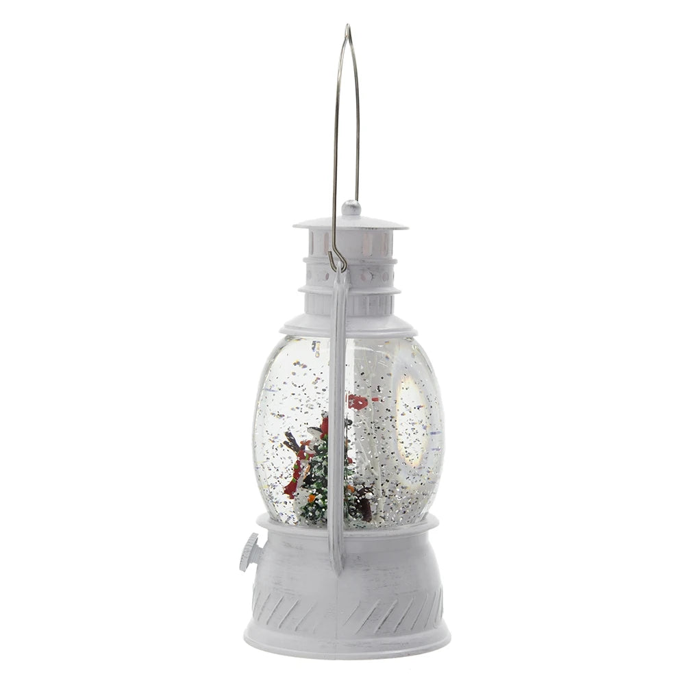 Christmas White Lantern With Snowman And Tree Led Light Water Spinning 6 Hour Timer 3 Aa Batteries