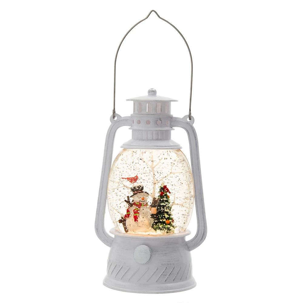 Christmas White Lantern With Snowman And Tree Led Light Water Spinning 6 Hour Timer 3 Aa Batteries