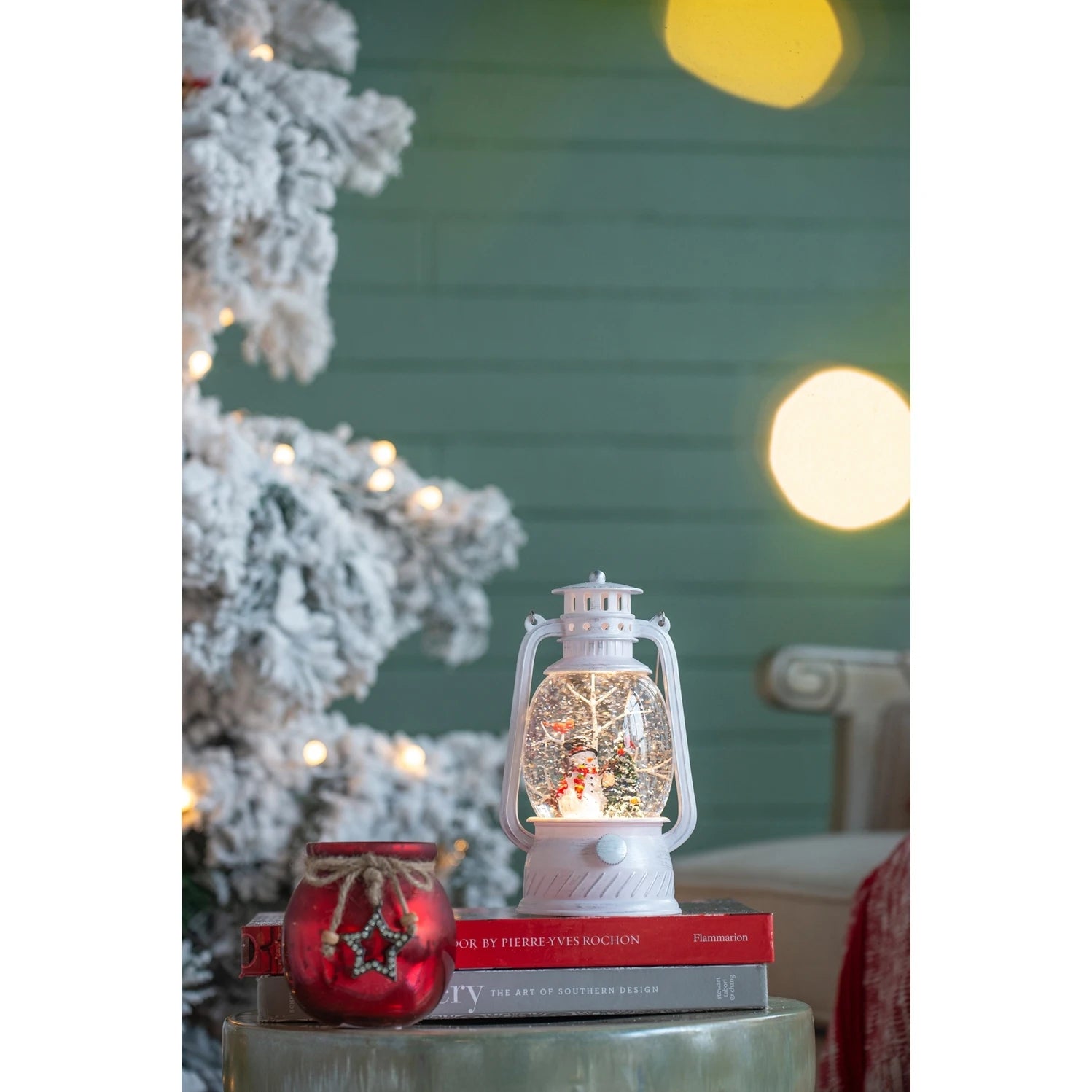Christmas White Lantern With Snowman And Tree Led Light Water Spinning 6 Hour Timer 3 Aa Batteries
