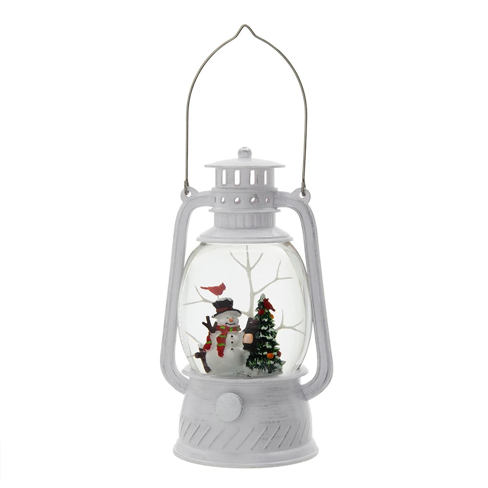 Christmas White Lantern With Snowman And Tree Led Light Water Spinning 6 Hour Timer 3 Aa Batteries