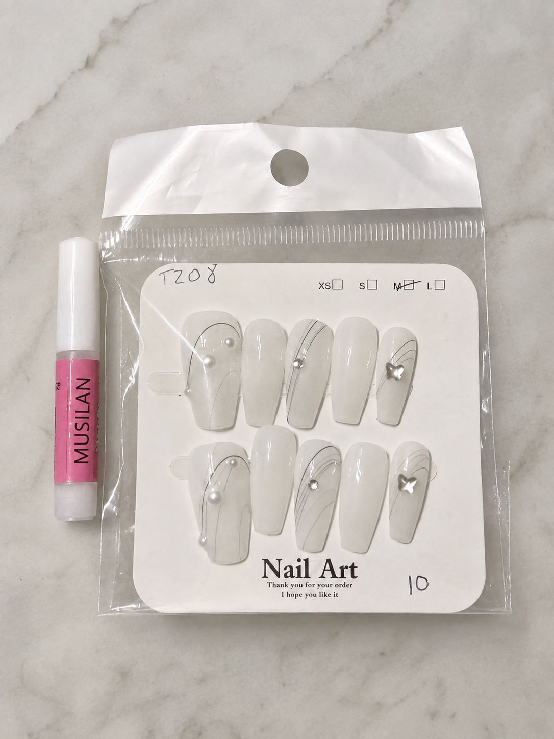 White Pearl & Butterfly Press-On Nails – Medium