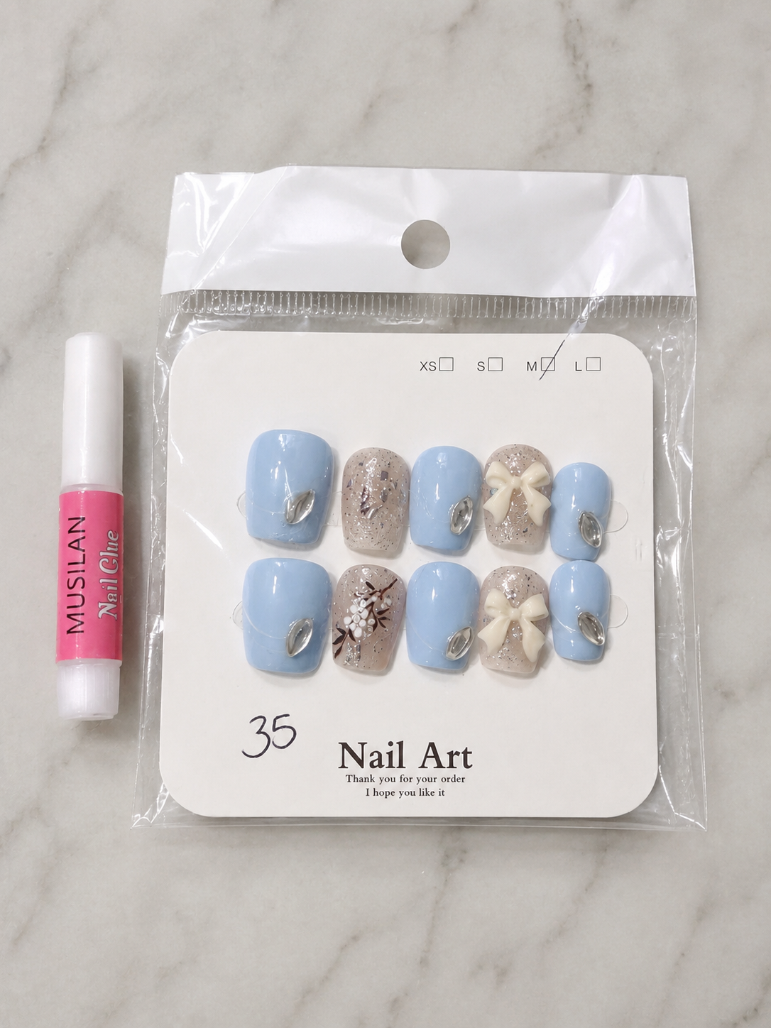Blue Glitter Bow Press-On Nails – Medium
